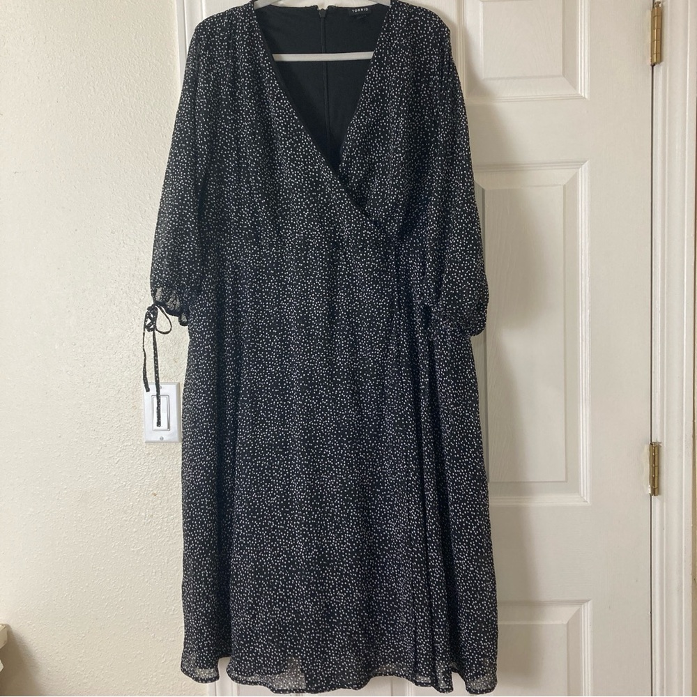 Torrid Midi Dress Women's 18 Black Polka Dot Stretch Flocked Chiffon Semi-Sheer